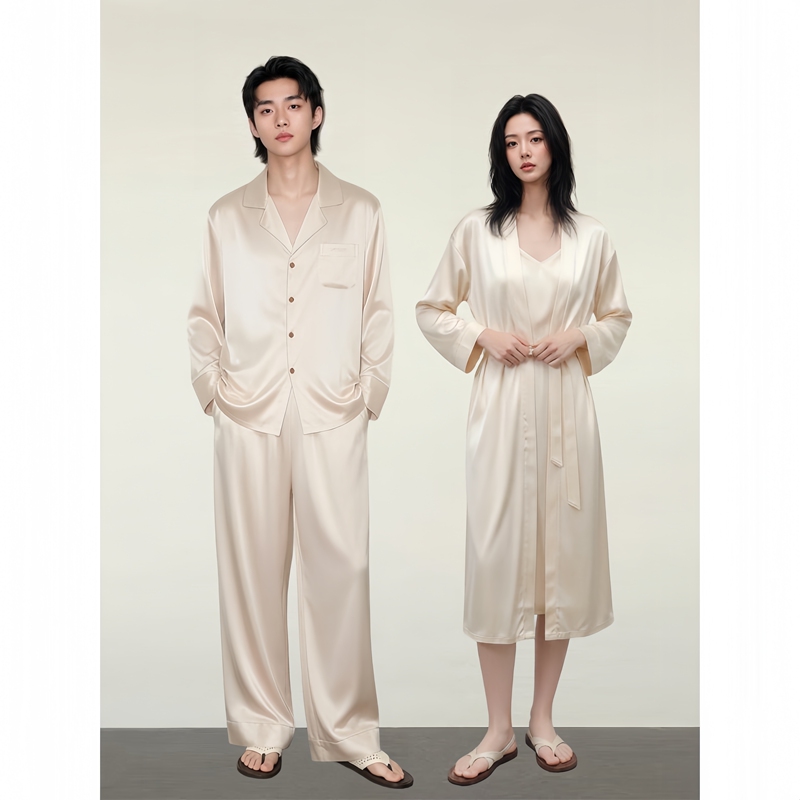 Victoria Couple's Summer Silk Pajamas for Women, Long-Sleeve Robe and Long Pants for Men, Made of Mulberry Silk, Suitable for Wearing Outside as Loungewear