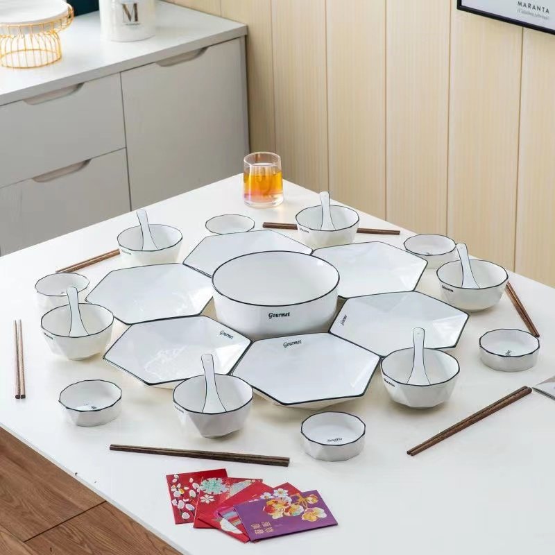Simple black line ceramic six or eight people gourmet tableware family bowls and dishes assortment plate high-end combination set