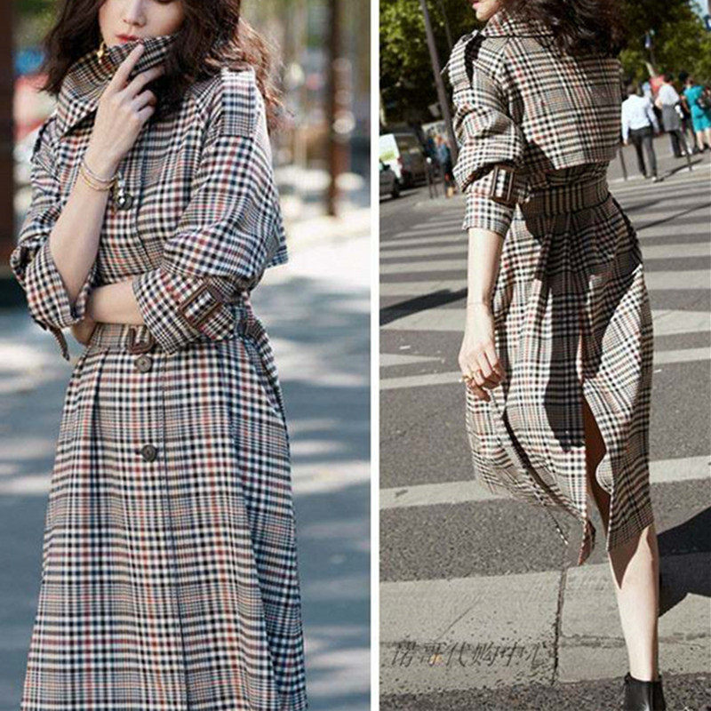 2022 spring and autumn star Song Jia same style retro mid-length windbreaker houndstooth plaid slim coat over-the-knee coat women