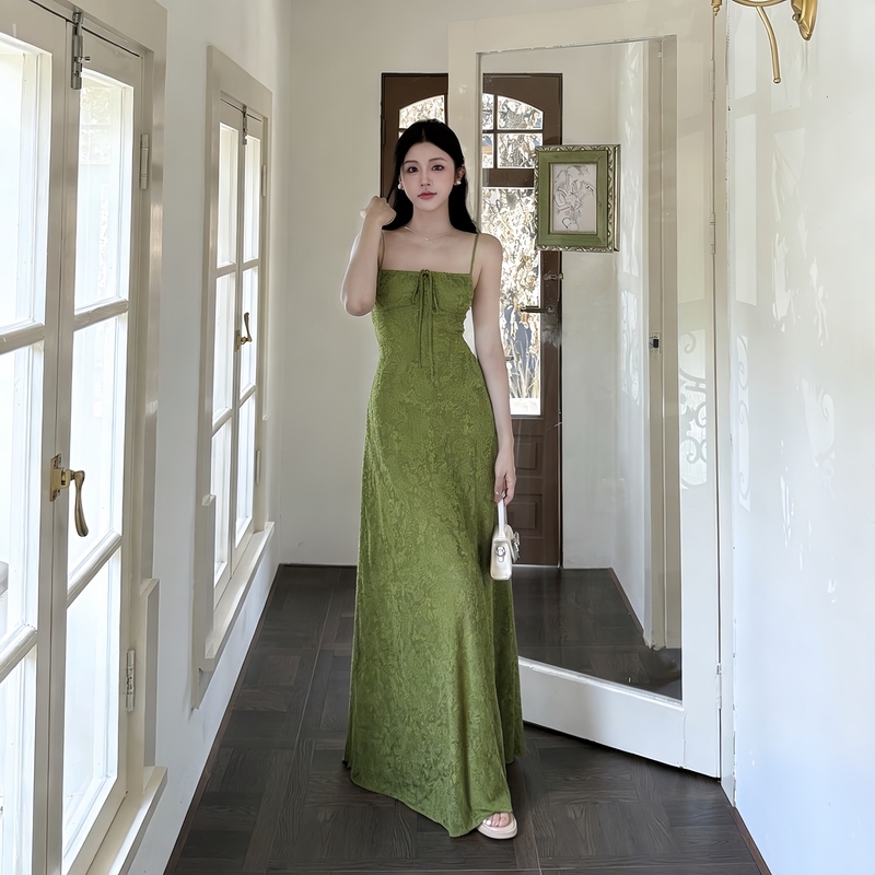 Girlsat18 Retro Seaside Resort Style Green Suspender Dress for Women Summer French Style Waist-Cinching Long Skirt