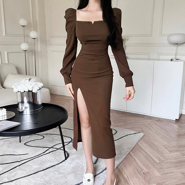GirlsAt18 French celebrity temperament square collar dress mid-length slim puff sleeve slit bag hip skirt