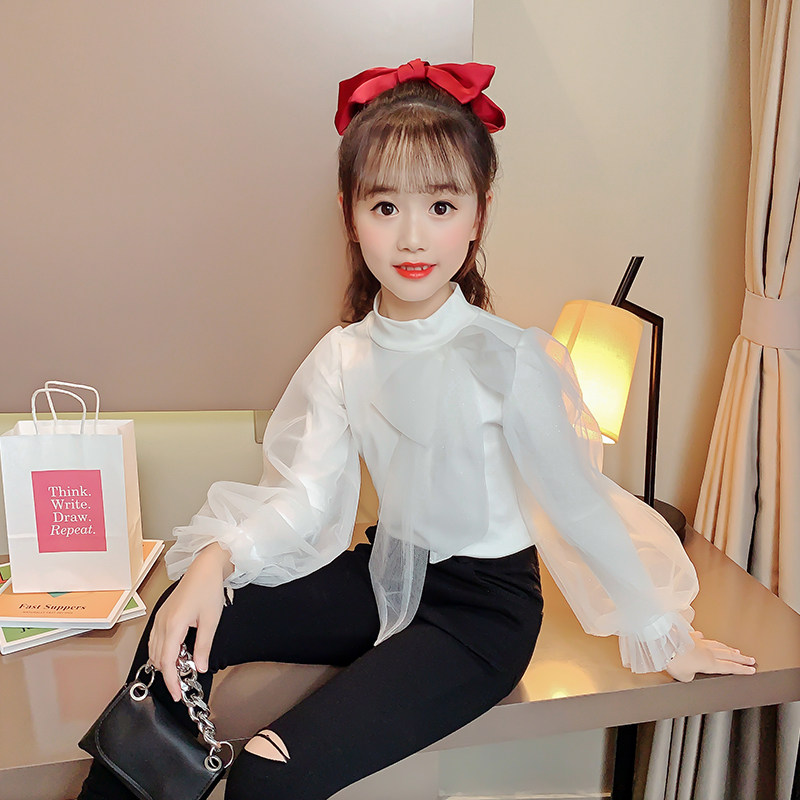Girls puff-sleeved bottoming shirt autumn new Western style children's little girl white long-sleeved T-shirt spring and autumn top 9