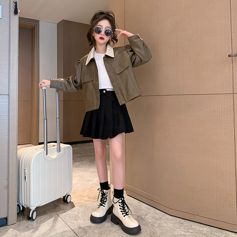 Girl's autumn clothing leather jacket Short-style foreign air 100 hitch children's spring autumn season Korean version blouses fashion child clothing Chauded clothes-Taobao