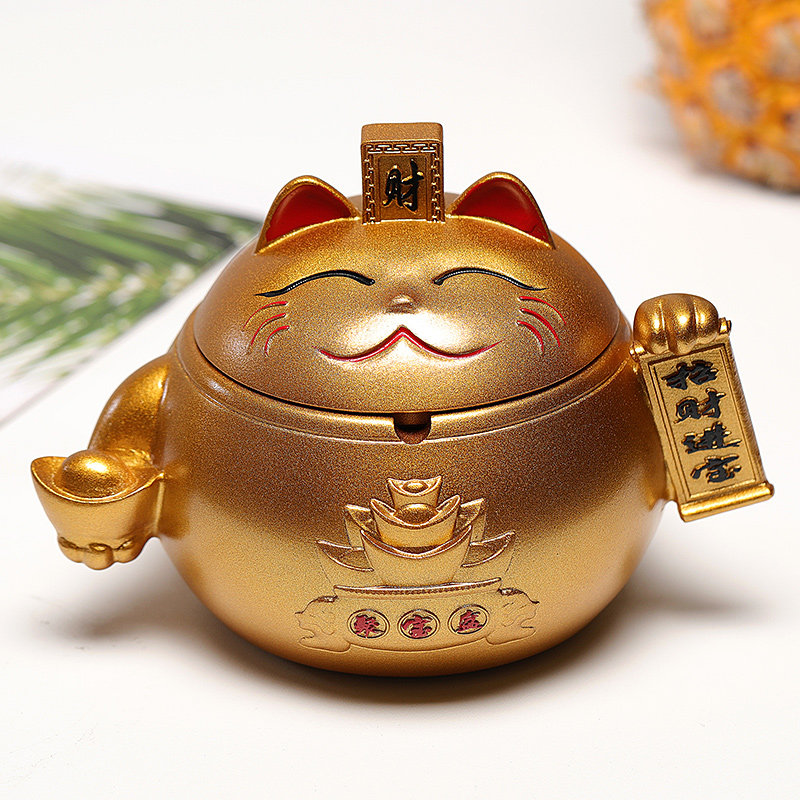 Lucky cat ashtray home living room with lid anti-fly ash Chinese retro seal office atmosphere simple ashtray