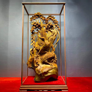 Yabai Old Wood Carving, Pine and Crane Floor-Standing Sculpture, Opening Ceremony Company Gift, Handicraft, Living Room Root Carving Ornament