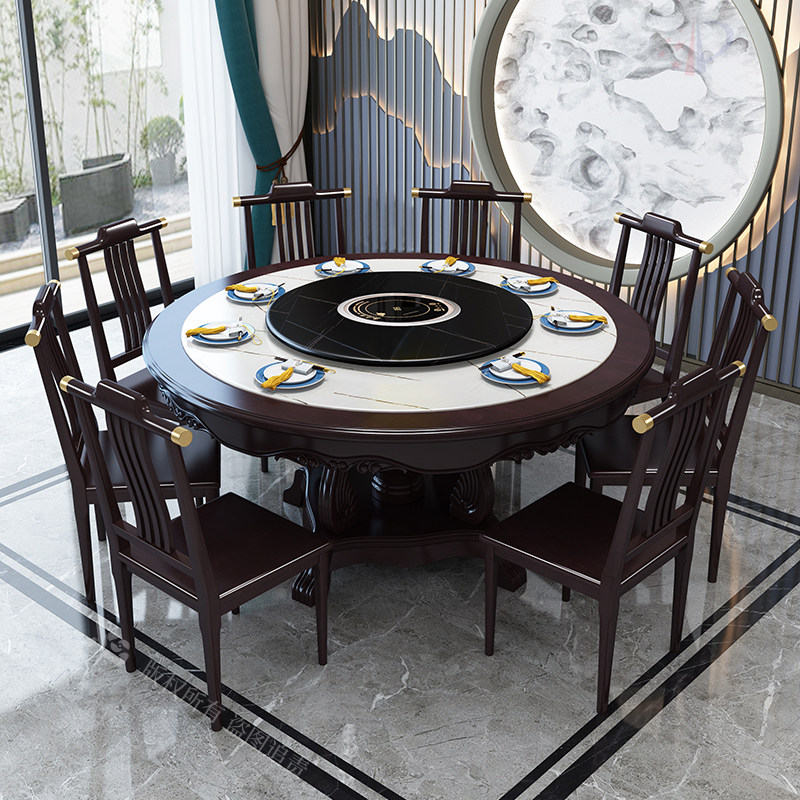 All solid wood new Chinese style rock slab hot pot table with induction cooker marble round table home dining table oak with turntable