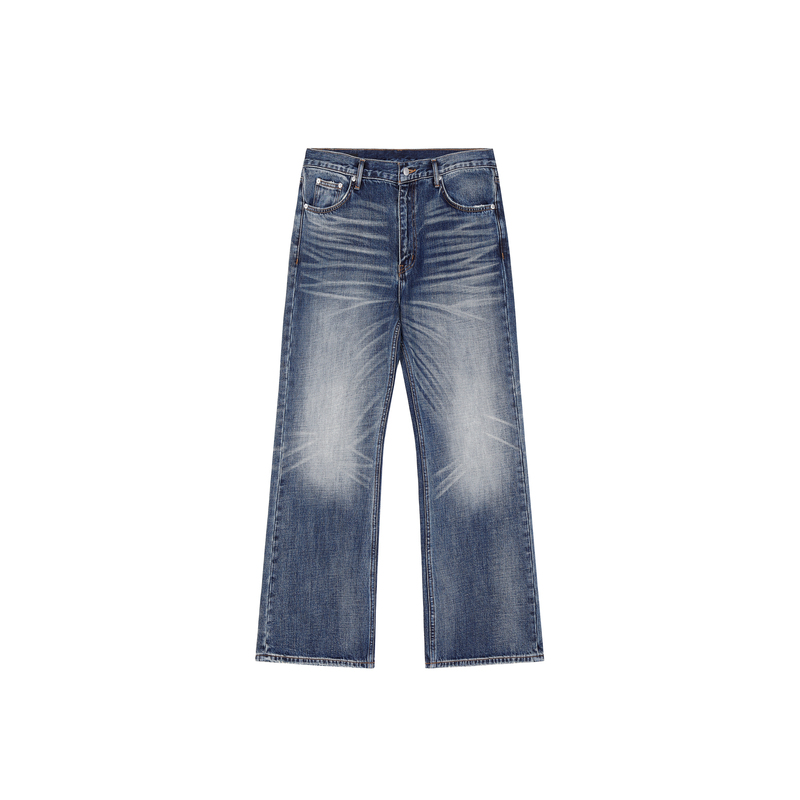 〔 Plus No Logo 〕 "Upgraded Cowhide Leather-Like Vintage Washed Distressed Dark Blue Flared Jeans 14oz