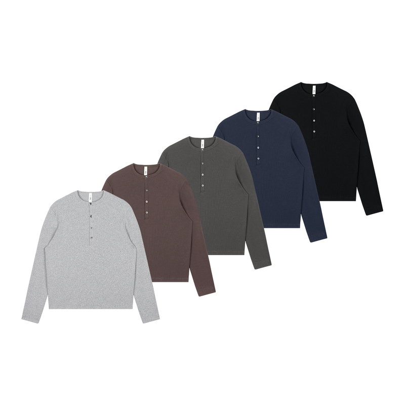 Plus No Logo 26Aw「Ribbed Henry Collar Long Sleeve」Stretch Textured Fitted Regular Shoulder Long T-Shirt Ooo