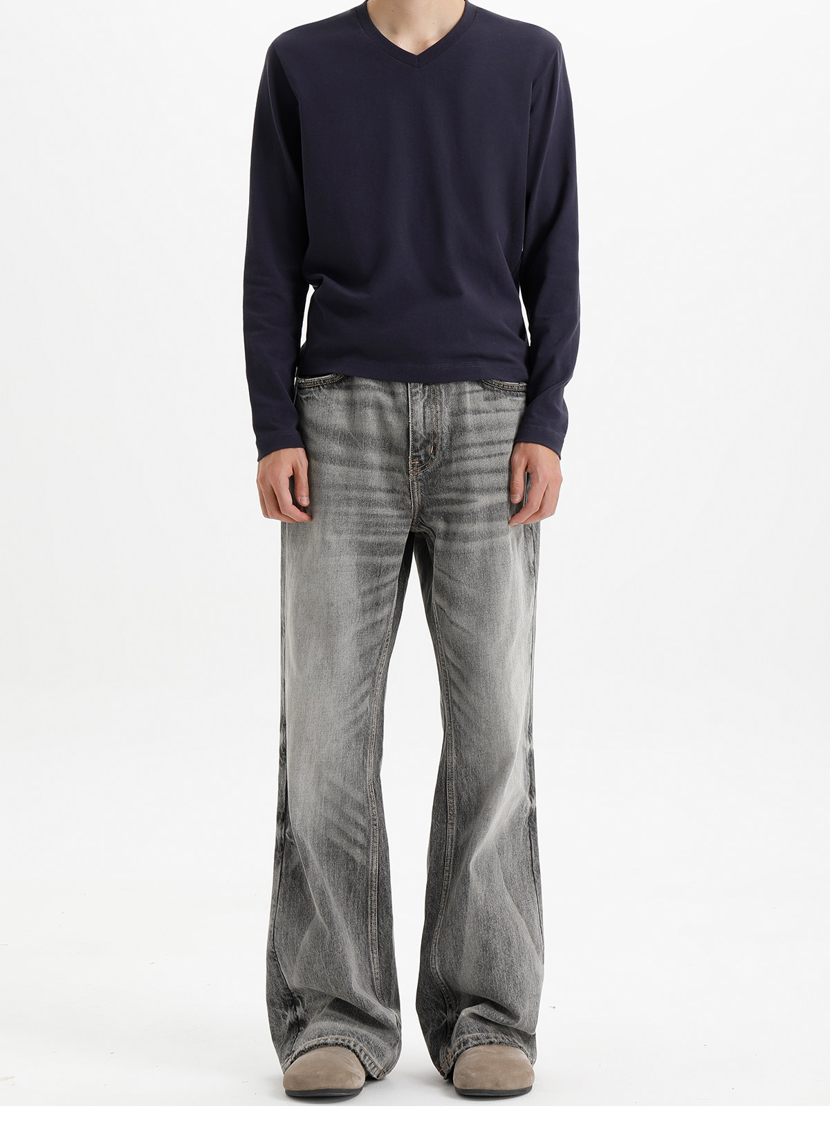 PLUS NO LOGO Linen-Feel V-Neck Slim-Fit Long Sleeve Tee