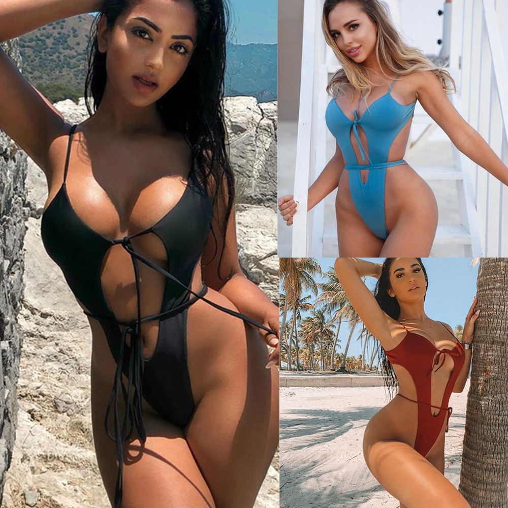 Split swimsuit solid color sexy strappy bikini ladies swimsuit