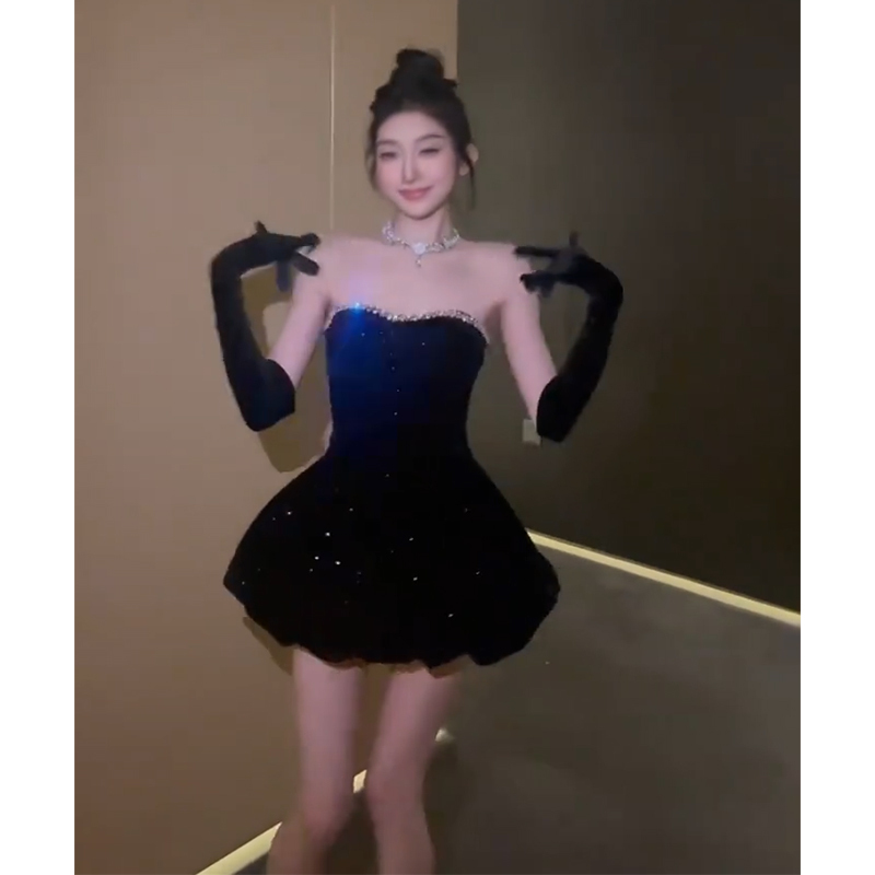 Birthday Dress, High-End Party Dress, Classy Light Luxury Niche Tutu Dress, Strapless Velvet Dress
