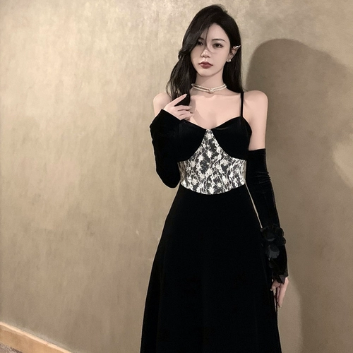 Черное платье в стиле Хепберн, элитное роскошное нишевое платье для дня рождения, светское бархатное платье на подтяжках