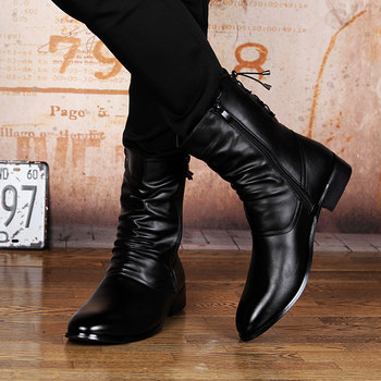 Korean style martin boots, versatile leather boots, pointed toe high top men's boots