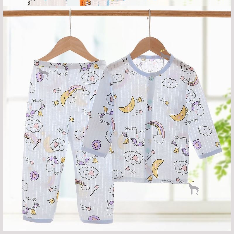 Bé điều hòa không khí quần áo cotton mỏng dài tay bộ đồ ngủ mùa hè bé nhà phù hợp với cô gái sinh trưởng quần áo.