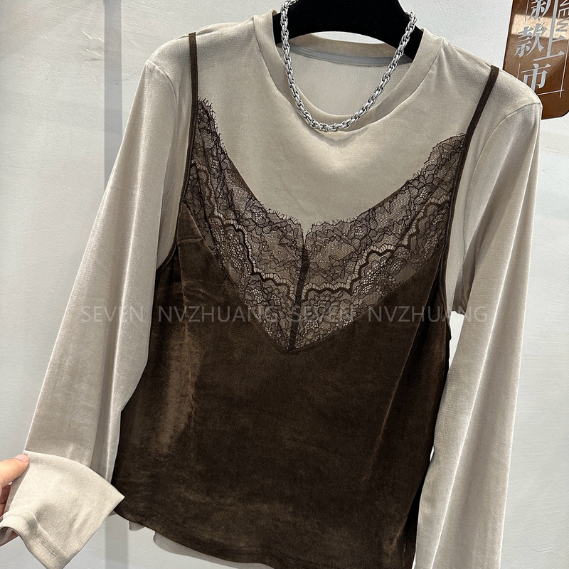 High-End European Goods 2026 Autumn New Style Faux Two-Piece Lace Patchwork Long-Sleeve T-Shirt for Women, Niche Design Layering Top
