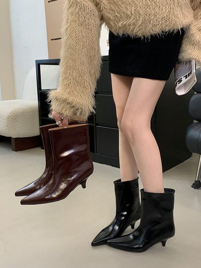 Женские короткие сапоги в европейском и американском стиле с широким голенищем, минималистичные, на среднем каблуке, с низким каблуком, в стиле ретро, с широким голенищем, облегающие сапоги-шпильки.