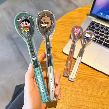 Stainless steel chopsticks and spoons set, primary school students' table spoons, portable tableware storage box, one person, one chopstick, work chopstick box