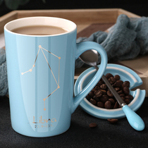 Creative personality ceramic mug with lid spoon cup Trend couple drinking cup Household coffee cup Mens and womens tea cup