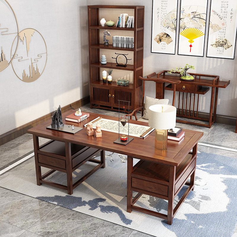New Chinese Solid Wood Desk Home Bedroom Desk Zen Office Table Modern Computer Book Room Bookcase Combination