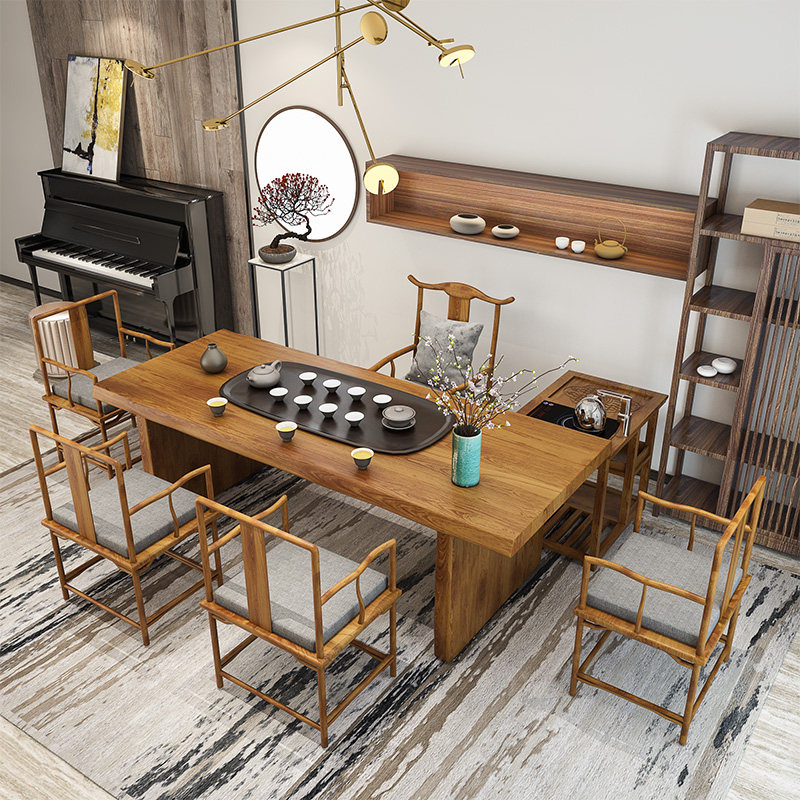 New Chinese full solid wood tea table and chairs Set of tea set of tea set integrated Home Meditation Large Plate Log Kung Fu Tea Table Combination