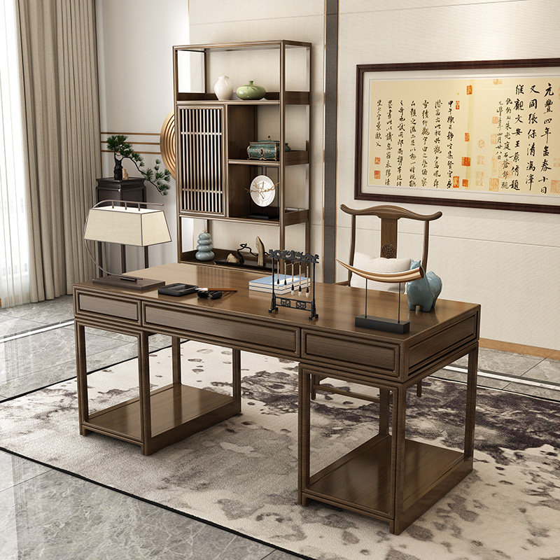 New Chinese Solid Wood Desk Home Bedroom Desk Zen Office Table Modern Computer Book Room Bookcase Combination