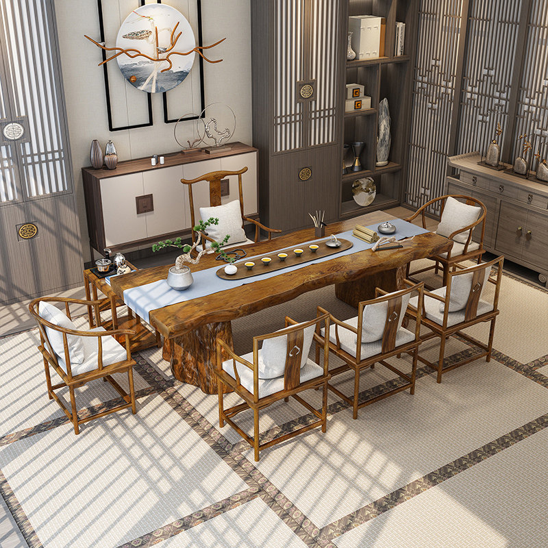 Chinese style full solid wood small tea table and chairs combined large plate Zen Serve tea table office Home log Kung fu tea table