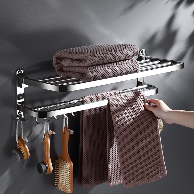 Bathroom towel rack stainless steel 304 toilet double rod storage folding wall rack free punch powder room rack