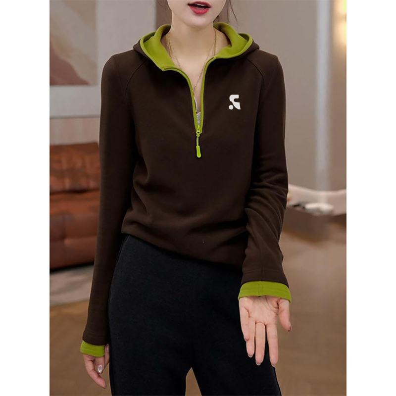 Official Genuine Rr Vephf Color-Blocked Hooded Base Layer Shirt for Women, Autumn and Winter Inner Wear, Half-Zip Long-Sleeve T-Shirt