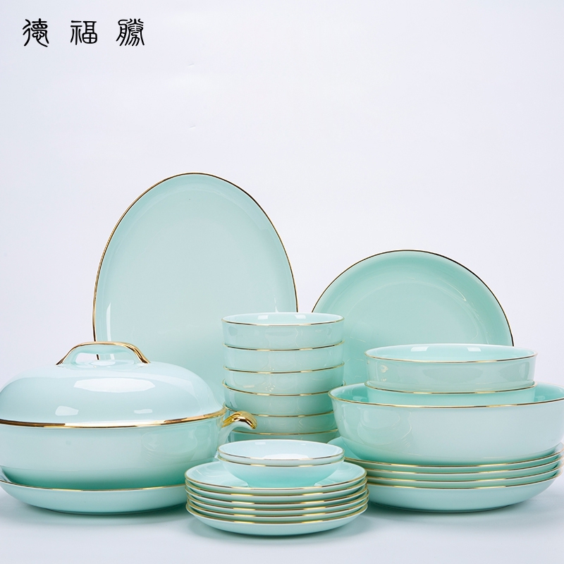 Celadon tableware high-end simple bowl and plate combination bowl and dish set home Chinese style Phnom Penh plate dish home gift