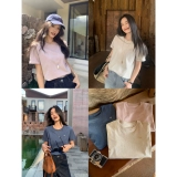 pusumede Изысканная хлопковая трикотажная футболка с короткими рукавами и цветочным узором, женский простой свободный топ на правом плече