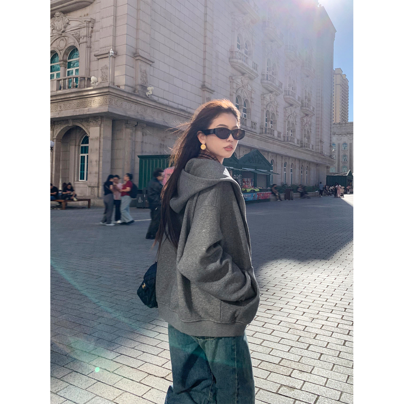Pusumede Galaxy Fragment High-End Gray Hooded Sweatshirt Jacket for Women Loose Casual Zipper Cardigan Top Pusumede Galaxy Fragment High-End Gray Hooded Sweatshirt Jacket for Women Loose Casual Zipper Cardigan Top