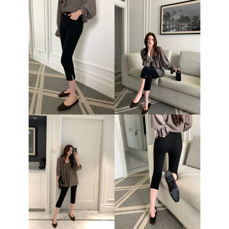 Pusumede Capri Pants Black Slim-Fit Denim Cropped Pants for Women Mid-Waist Elastic Slimming Slit Pants Pusumede Capri Pants Black Slim-Fit Denim Cropped Pants for Women Mid-Waist Elastic Slimming Slit Pants