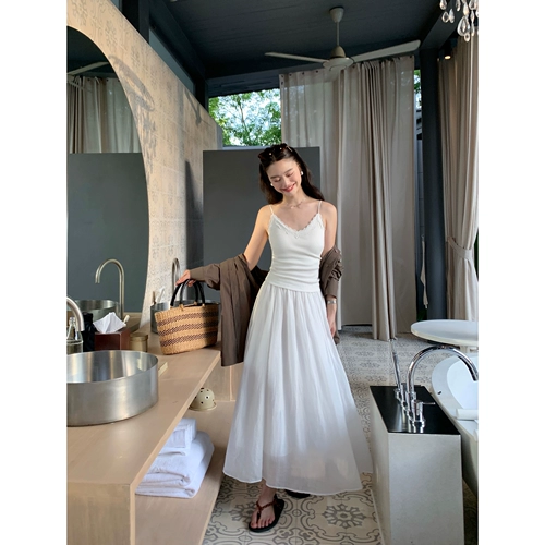 pusumede Белая длинная юбка, французский стиль, эластичная талия, А-силуэт