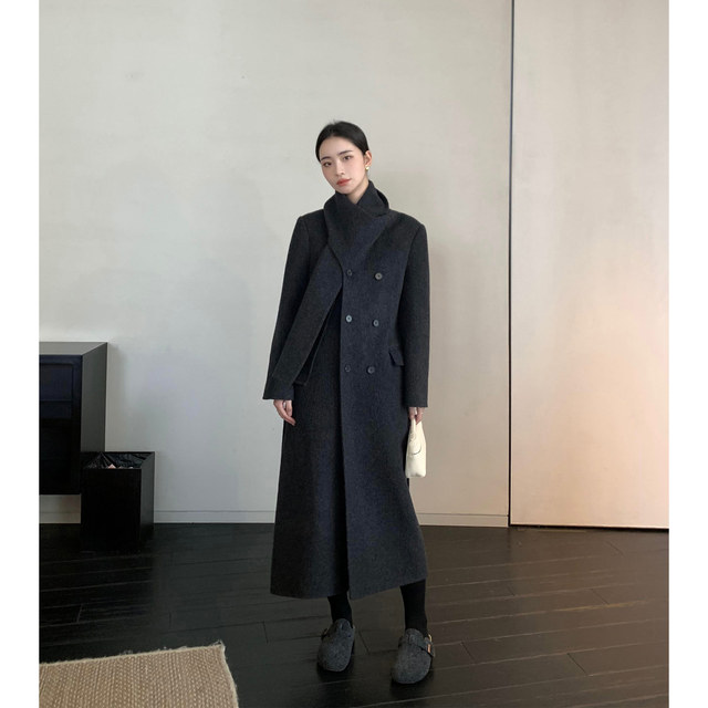 pusumede scarf integrated 100 wool double-sided woolen coat black waist design sense woolen coat women winter