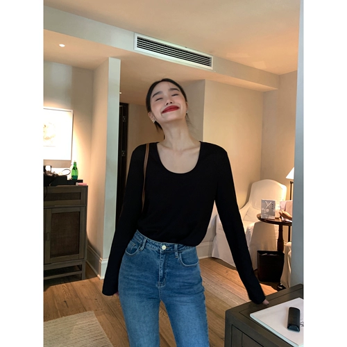 pusumede Базовый белый хлопковый лонгслив, в корейском стиле, оверсайз