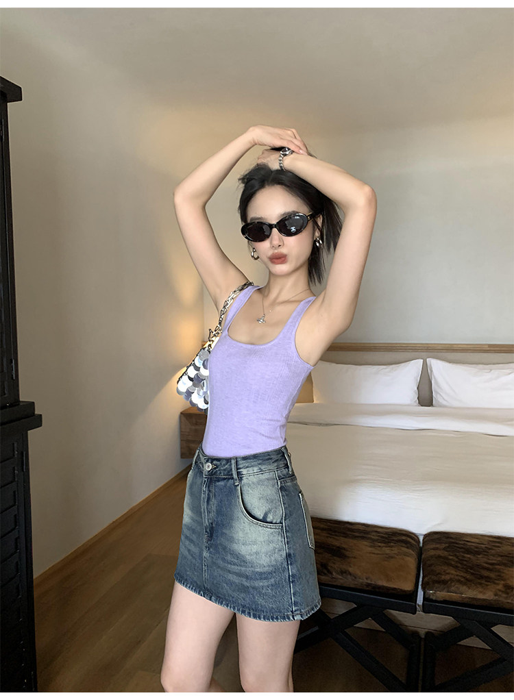 Топы/майки pusumede法式气质方领吊带背心女夏季遮副乳修身显瘦坎肩无袖上衣