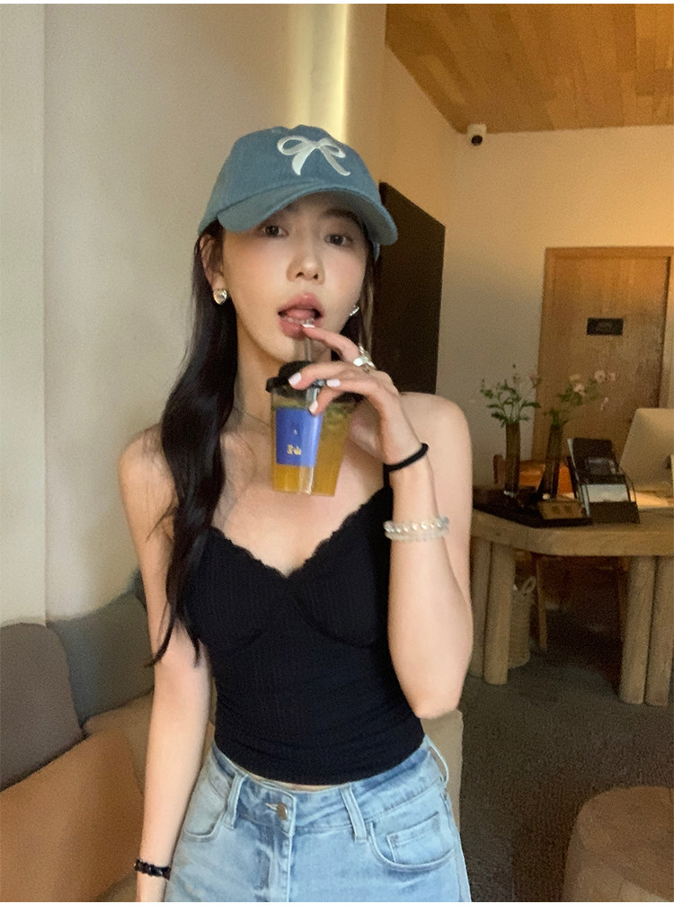 Топы/майки pusumede 【现货7.5折】杏色蕾丝花边带胸垫吊带背心女上衣