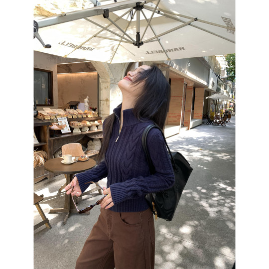 Pusumede Mali Dream Twist zipper sweater cardigan women's autumn and winter stand-up collar long-sleeved sweater top