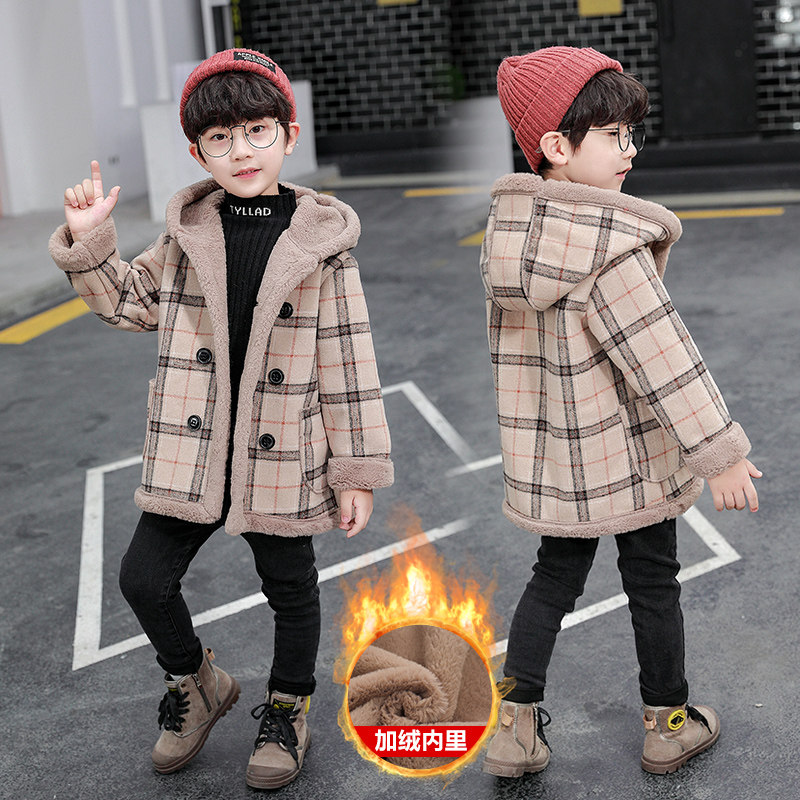 Boys' winter coat 2020 new middle-aged children's autumn and winter plus plush woolen children's thickened woolen coat double-sided cashmere
