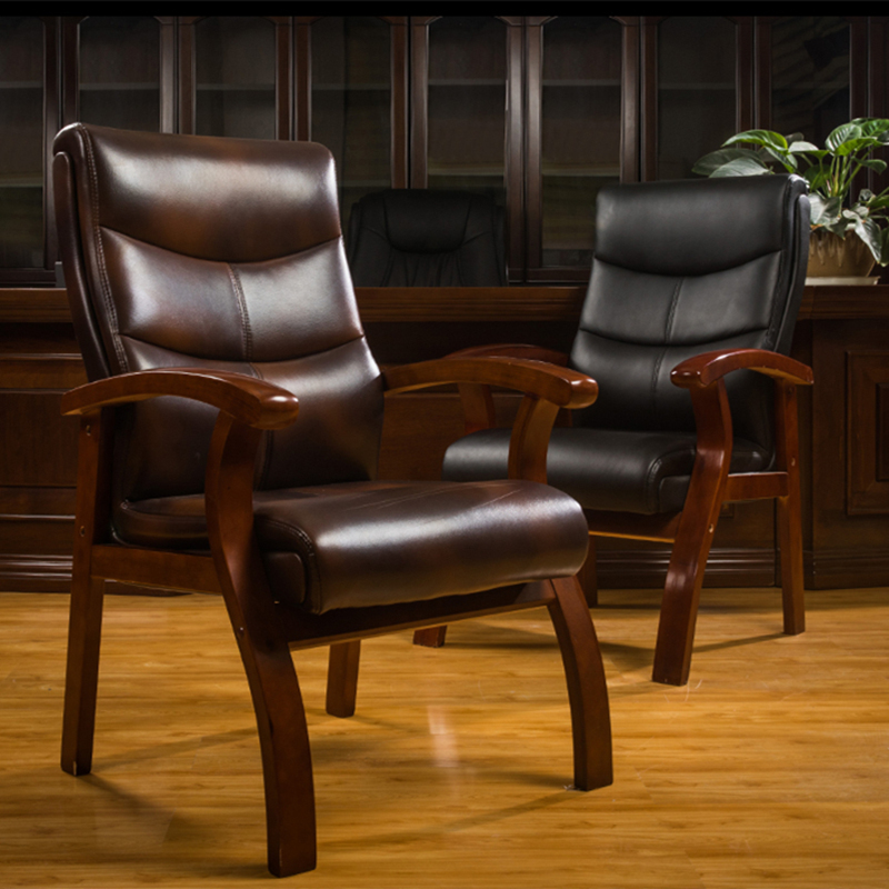 Solid Wood Conference Chair, Backrest Chair, Comfortable Home Office Chair for Long Sitting, Conference Room Leather Executive Chair, Four-Legged Chair