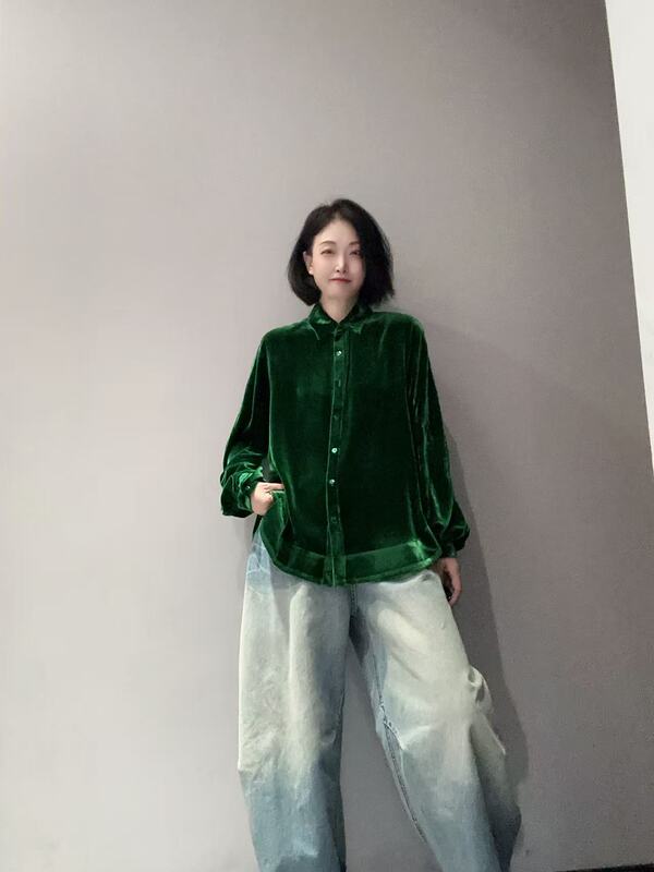 Silk Velvet Elegant Lapel Brick Red and Green Two-Tone Shirt Mt11872 Silk Velvet Elegant Lapel Brick Red and Green Two-Tone Shirt Mt11872