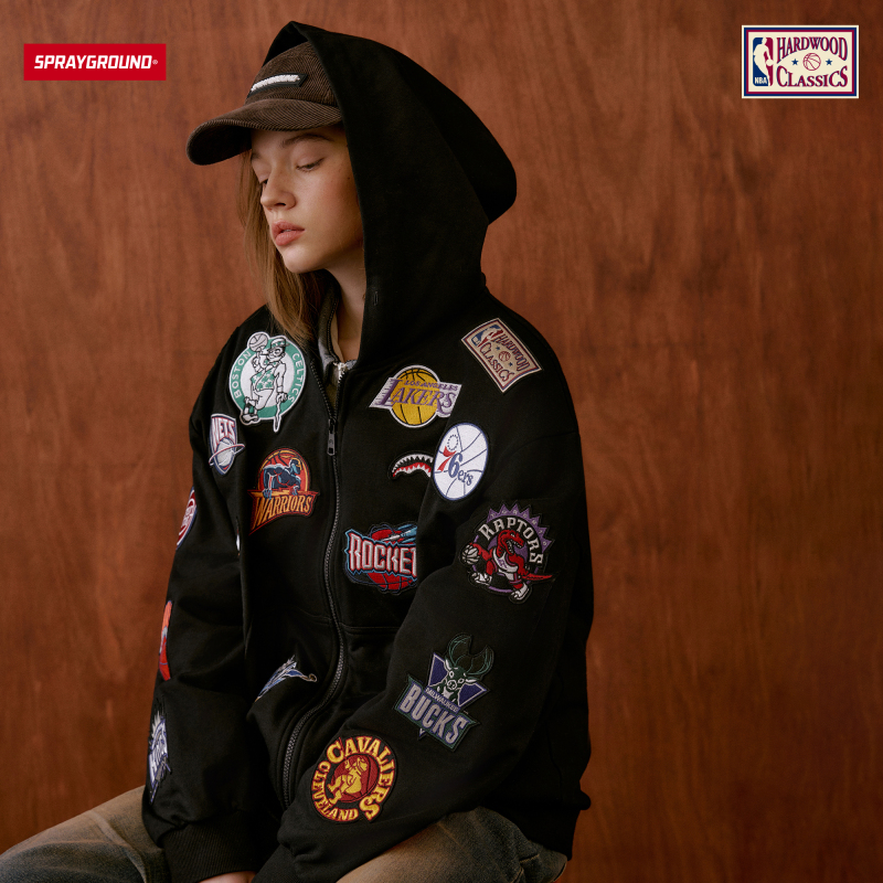 Sprayground丨Nba Hwc Co-Branded Series Team Embroidered Retro Loose Hooded Cardigan Trendy Jacket