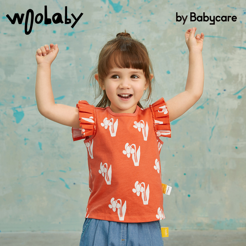 woobaby儿童短袖t恤22夏装女童宝宝无袖背心T恤babycare可爱上衣