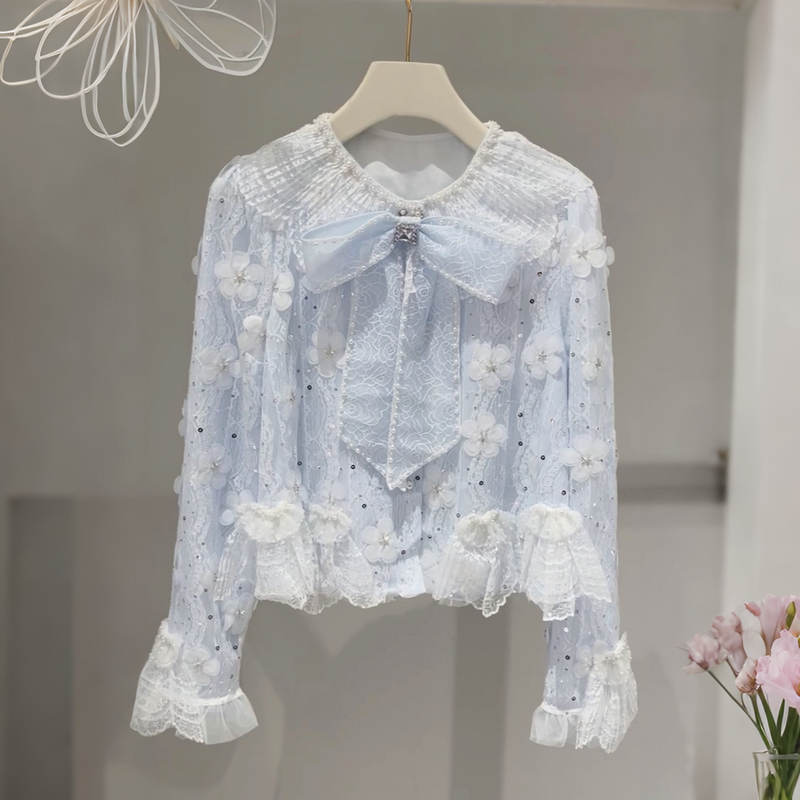 M Brand Women's Clothing 2026 Spring New Sweet Lace Sequin Shirt Women's Heavy Floral Beading Light Blue Top
