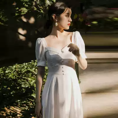 White square collar French satin long skirt fairy quality long version of the popular Hepburn style small white skirt can be sweet or salty dress
