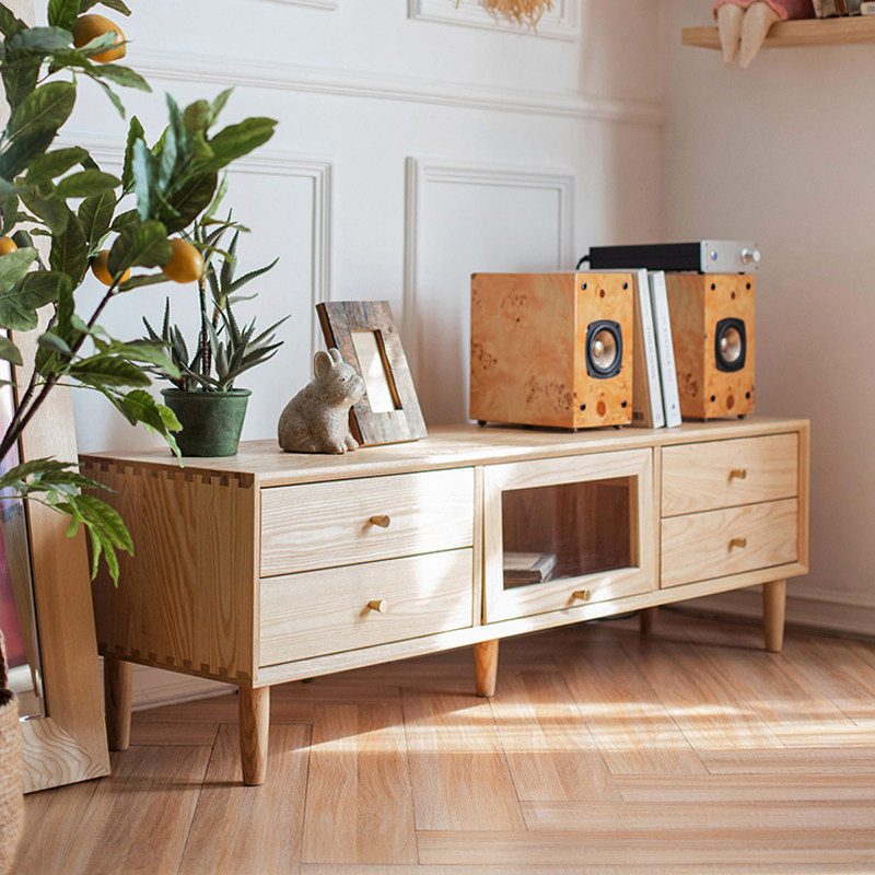 Full solid wood TV cabinet modern minimalist Nordic Living room original wood color white wax wood furniture custom day style storage ground cabinet-Taobao