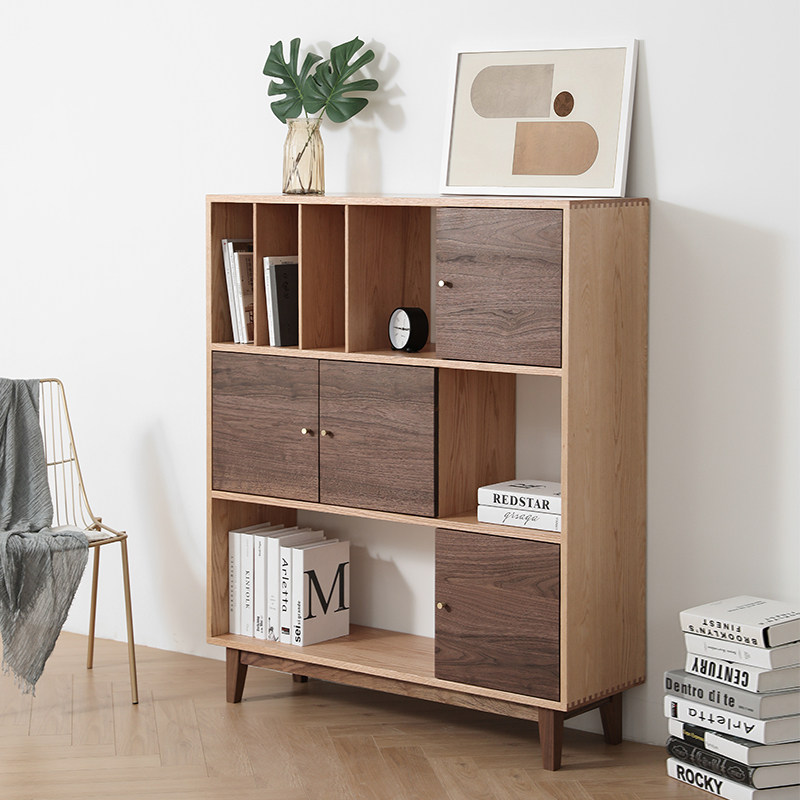 Red oak Black Walnut Solid wood bookshelf Nordic storage literary fan Japanese bookcase Log shelf Entrance cabinet