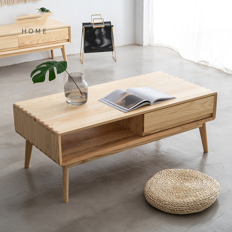 Nordic White Wax Wood Solid Wood Tea Table Log Brief Multifunction Day Style Living Room Containing Mortised Square Creative Furniture