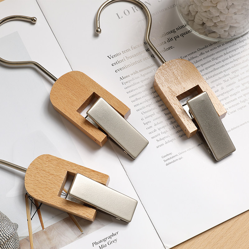 Glass Pavilion Clothing Store Solid Wood Hanger Single Clip Multifunctional Metal Jacket Jacket Clip Pants Rack Log Traceless Non-slip Clothes Hanging