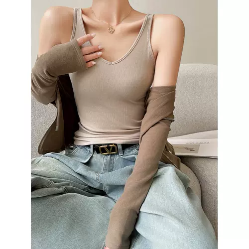 Топ с чашечками, осенняя длинная майка топ, увеличенная толщина, V-образный вырез, для маленькой груди, размер, свободный крой